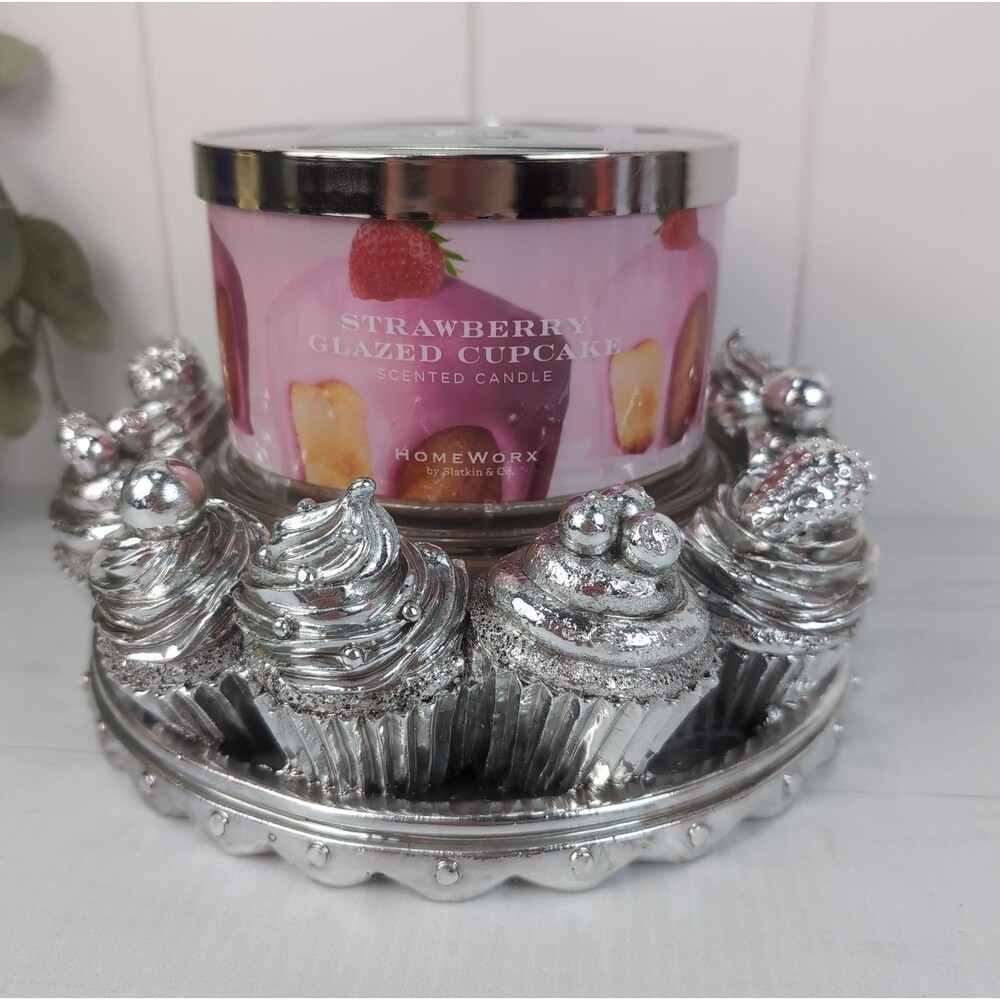 Homeworx Slatkin Strawberry Glazed Cupcake Candle & Cupcake Pedestal Holder NIB